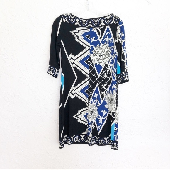 Donna Morgan Dress Shift 3/4 Sleeve Boat Neck Size 4 Petite Geometric Design - Picture 3 of 4